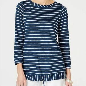 J. Jill Striped 3/4 Sleeve Cinch Waist Linen Blend Top S Blue White